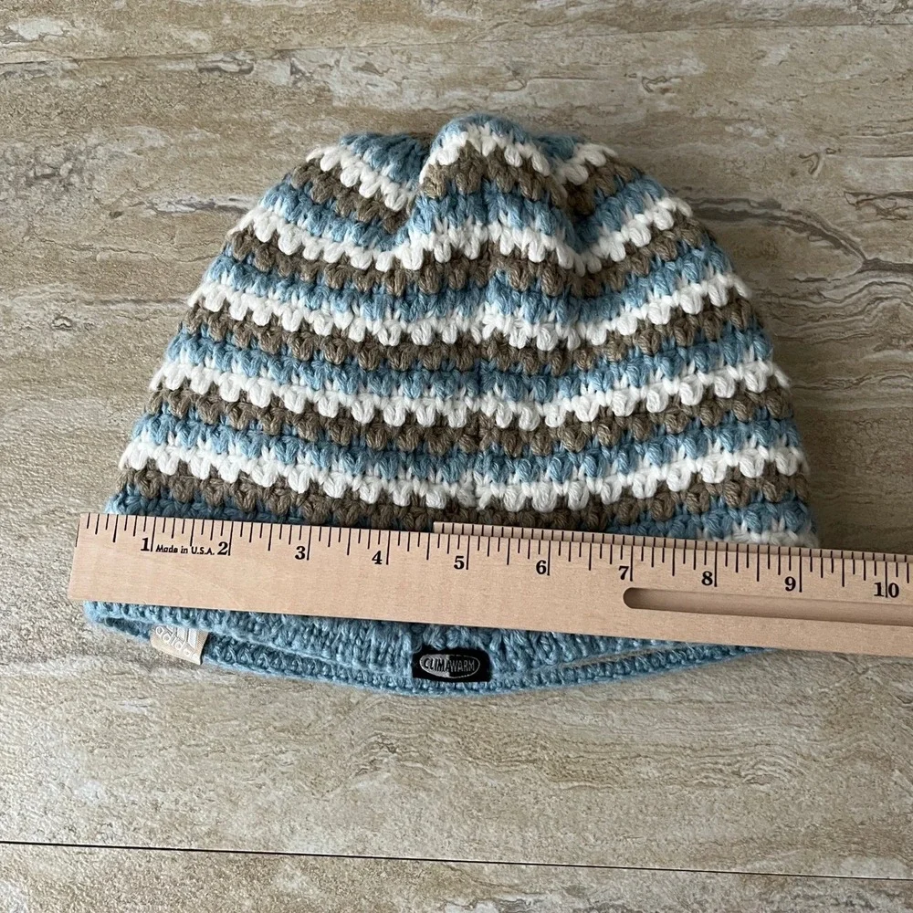 Adidas Beanie Mens OS Blue Striped Crochet Knit Fleece Lined ClimaWarm